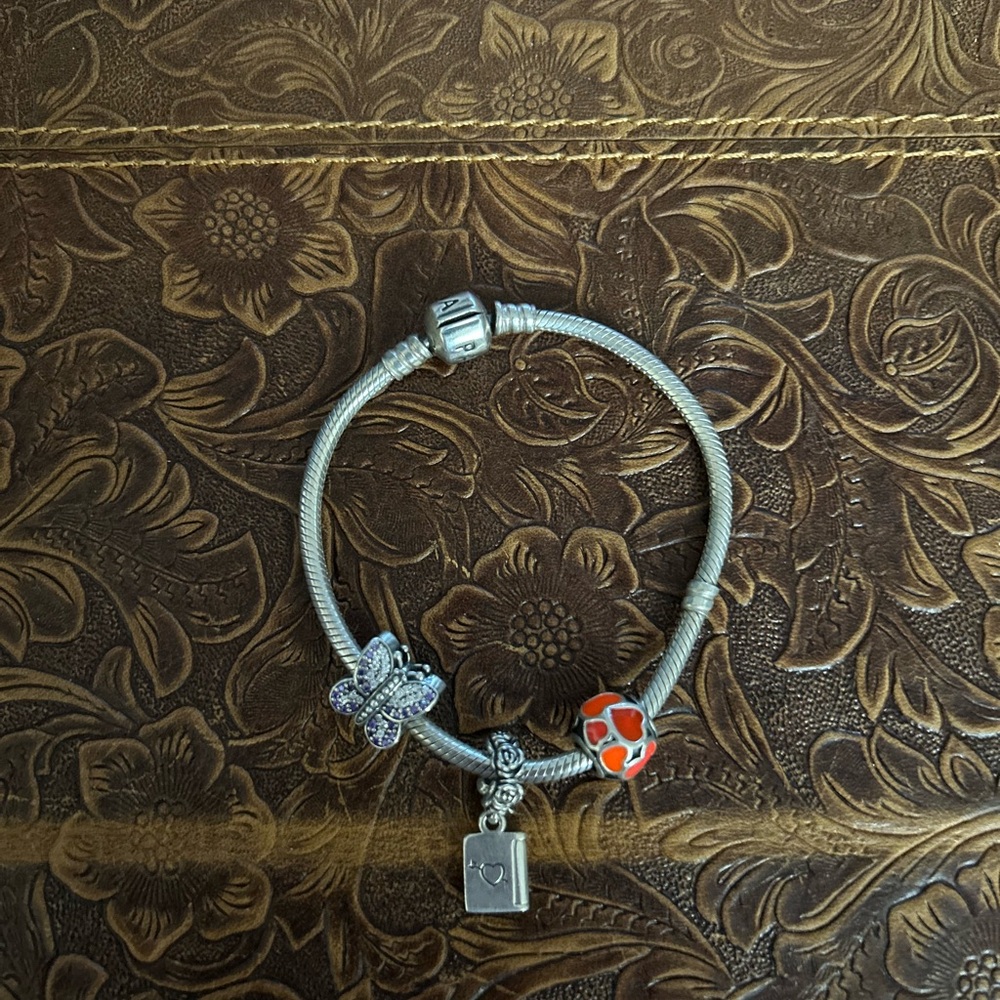 Pandora Silver Bracelet with Red and Purple Charms
